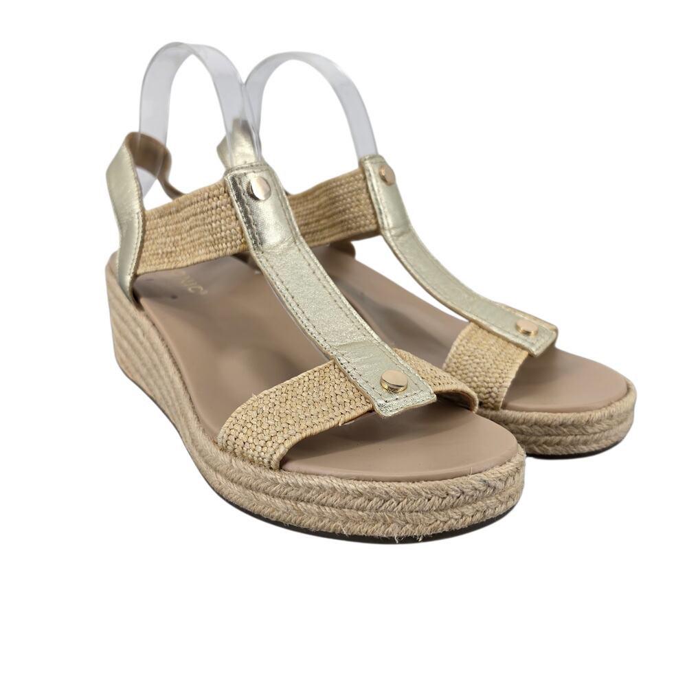 NWOT Vionic Gold Leather Calera Slingback Slip On Espadrille Wedge Sandals Sz 11